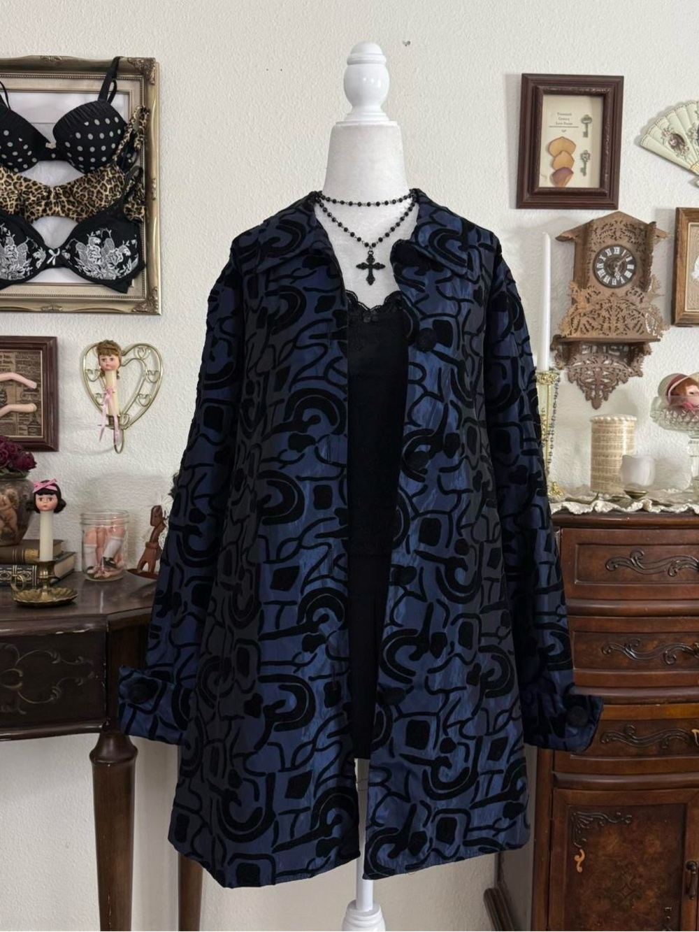 90’s witchy whimsigoth metallic midnight blue lightweight jacket